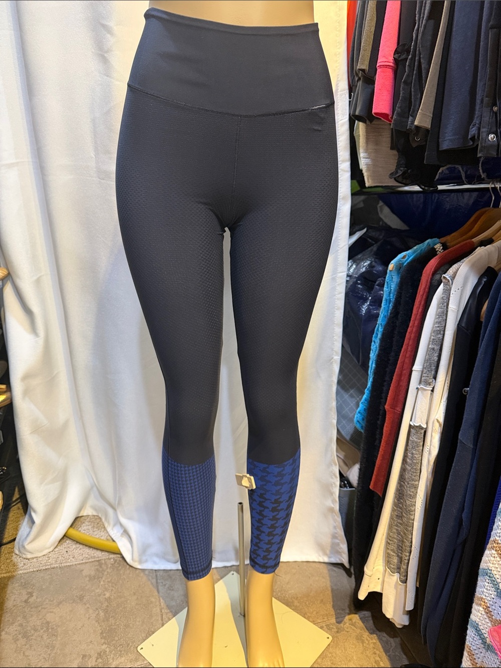 Stella McCartney Black Leggings with Blue Houndstooth Accent